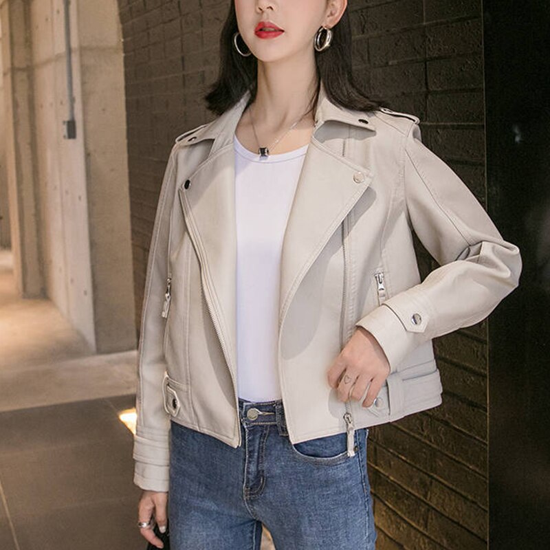 Vangull Faux Leather Jacket Women Solid Slim Punk Coat Spring Autumn Streetwear Ladies Casual Biker Motorcycle Jackets: white / S