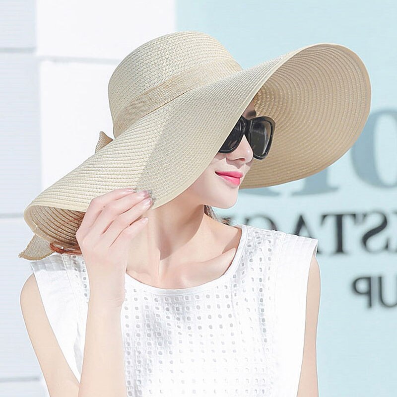 Mode Vrouwen Zomer Hoeden Opvouwbare Wide Grote Rand Strand Zon Stro Cap Elegante Hoeden Caps THJ99: Beige