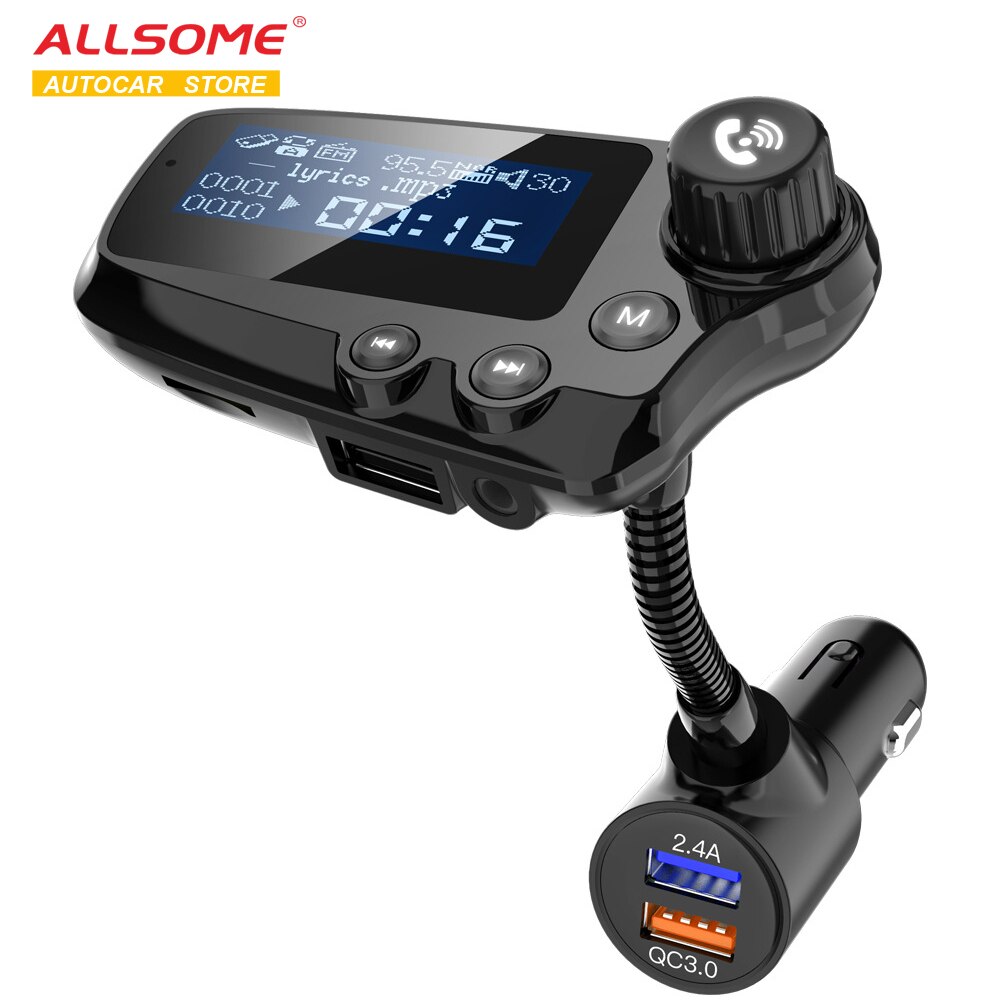 ALLSOME Bluetooth Carkit Handsfree Fm-zender A2DP AUX Audio Auto Speler QC3.0 Quick Lading Ondersteuning Tf-kaart/U Disk afspelen