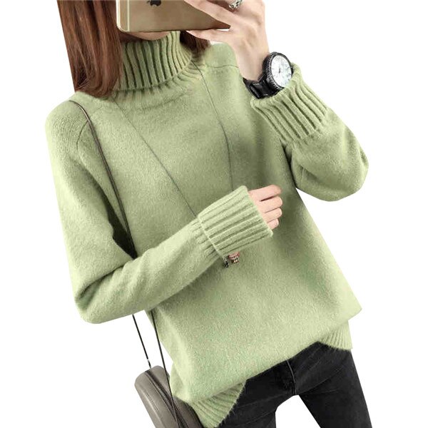 Turtleneck Knitted Pullovers Autumn Winter Women Sweater Solid Long Sleeve Knitwear Female Bottoming Sweaters Tops AB449: Green