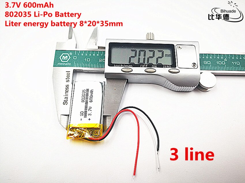 Batería de energía de 3 litros de buena , 3,7 V,600mAH,802035 polímero de iones de litio/Li-ion para juguete, Banco de energía, GPS,mp3,mp4