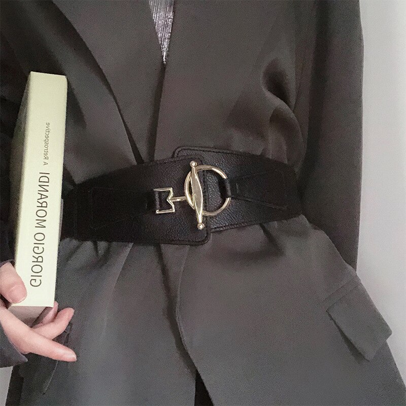 Cinturones anchos para mujer, corsé de cuero PU para adelgazar la cintura, cinturones de cuerpo, cintura elástica ajustable, faja para vestido: black belt