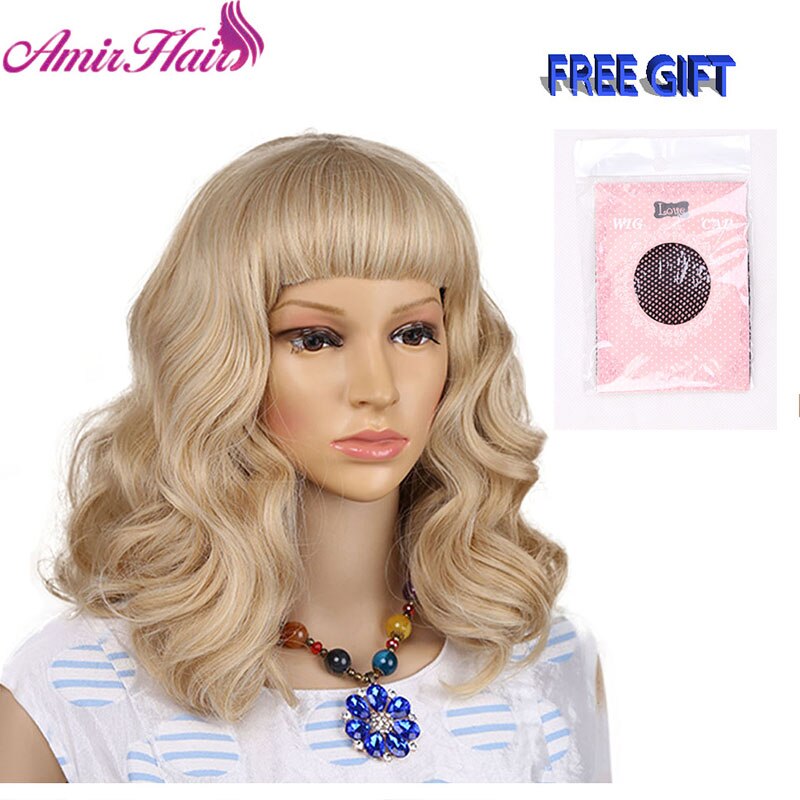 Amir Body Wave Synthetic Wigs With Bangs Medium Length Bob Hairstyle Cosplay Wigs For White/Black Women Heat Resistant Fiber: Platinum Blonde