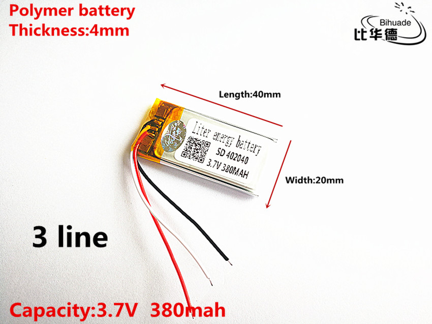 3 linhas de boa qualidade 3.7v, 380mah, 402040 polímero de lítio/bateria li-ion para brinquedo, power bank, gps, mp3,mp4