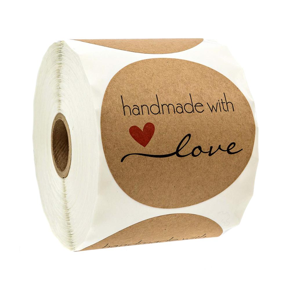 Round Natural Kraft Handmade with Love Stickers 500 Labels Per Roll Baking Cute Handmade Stationery Sticker Seal Sticker 1Inch