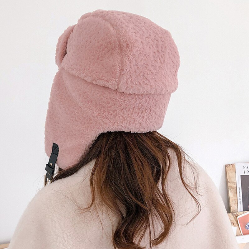 HT3436 Women Winter Hat Thick Warm Berber Fleece Russian Hat Ladies Black Pink Russian Trapper Ski Earflap Cap Female Bomber Hat