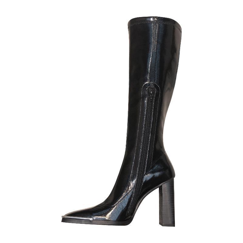 Botas altas de piel sintética para mujer, zapatos de felpa de invierno, tacón alto cuadrado, tacón grueso, color negro