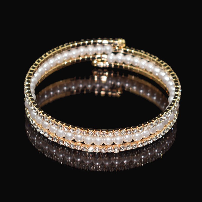 Bracelet multicouche en Imitation de cristal pour femme, large, plaqué or et argent, extensible, , bijoux: 3 rows Gold