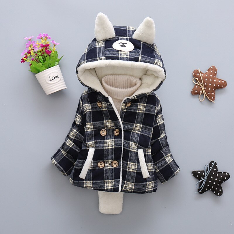 Autumn Winter Baby Boys Warm Coats Toddler Girls Cotton Plaid Thick Jacket For Children Boy Girl Velvet Hooded Outerwear