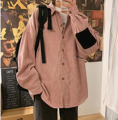 Mannen Mode Thicken Corduroy Materiaal Jassen Borduren Patchwork Overhemd Franse Manchet Heren Shirts Camisa Masculina M-2XL: Pink / XL