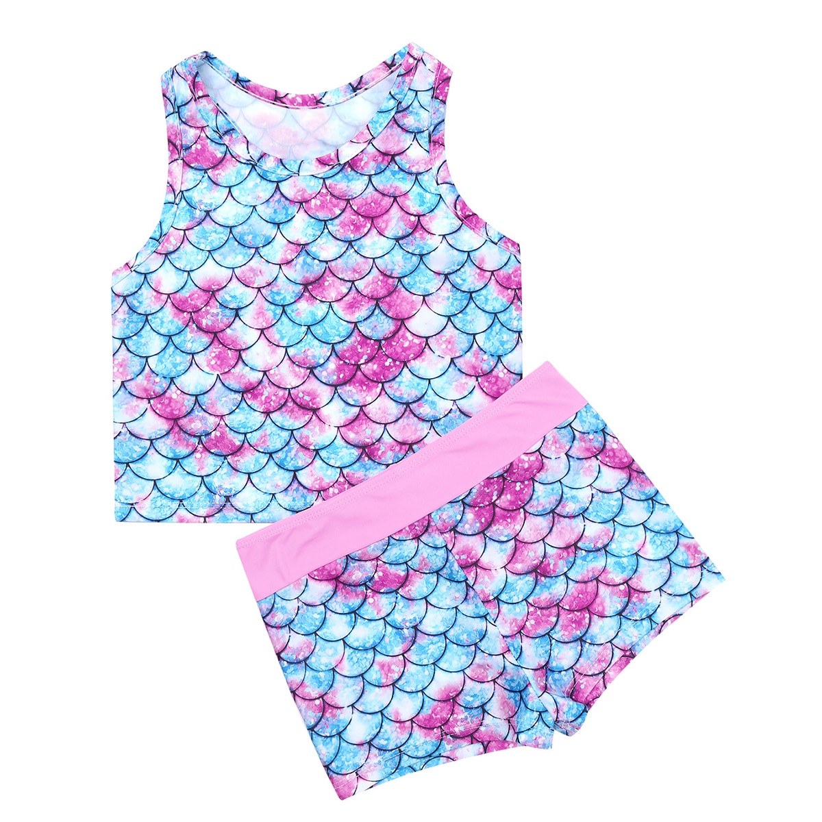 Kids Girls Tankini Swimsuits Sleeveless Racer Back Fish Scales Printed Swimwear Bathing Suit Set Swimsuit Tops with Swim Bottoms