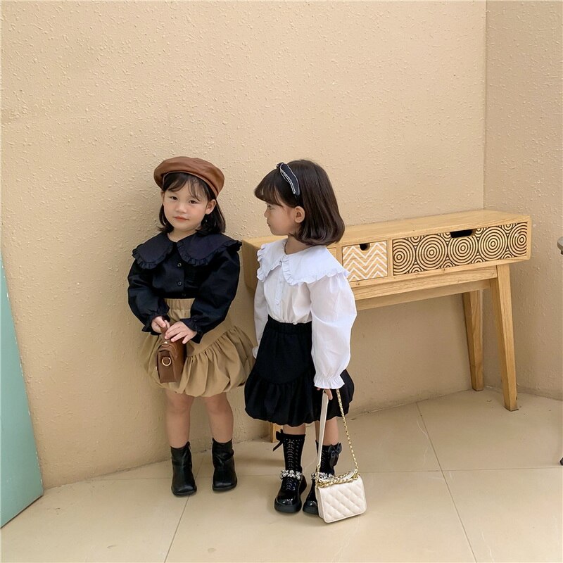 Jupe Style coréen pour petite fille, vêtement d&#39;automne, noir, kaki, taille élastique, volants, lanterne, citrouille, vêtements à la , , E218