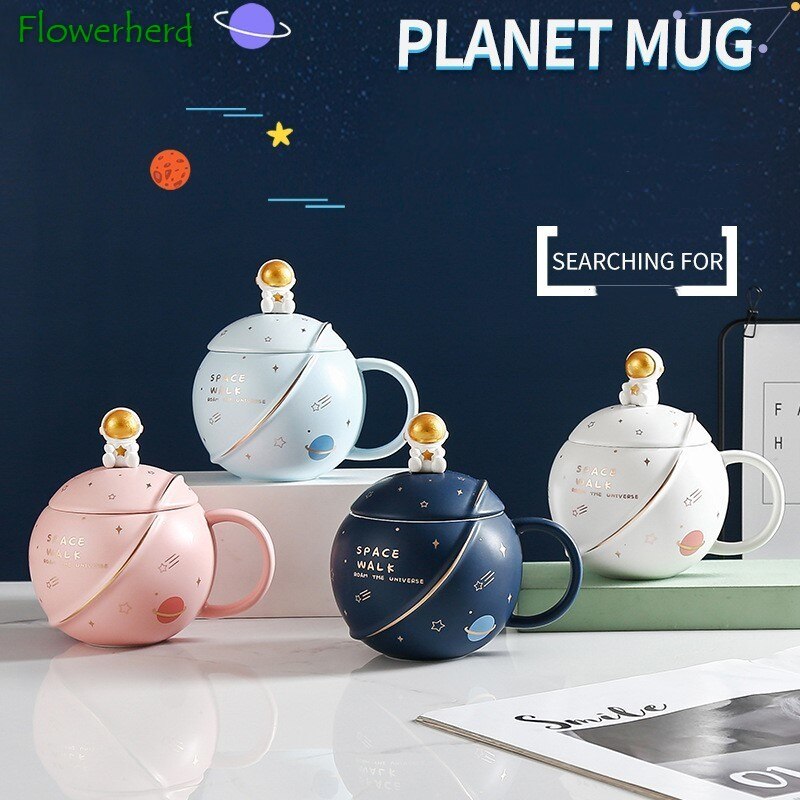 Mug Spaceman Planet Coffee Mug with Lid Spoon Round Ceramic Coffee Cup Embossed Couple Drinking Cup Water Cup