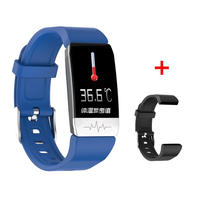 Nuovo T1 Smart Bracelet termometro misurazione della temperatura corporea salute frequenza cardiaca Smart Band Watch Tracker Fitness impermeabile: Blue with strap