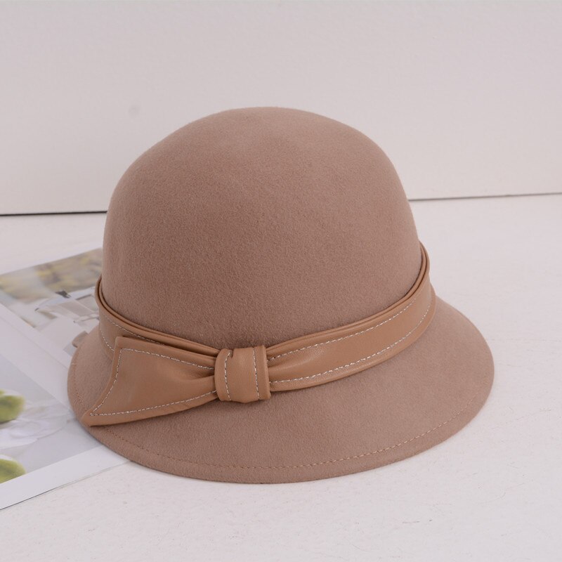Winter Leather Ribbon 100% Wool Fedora Hats Woman Felt Bucket Hat 55-58cm
