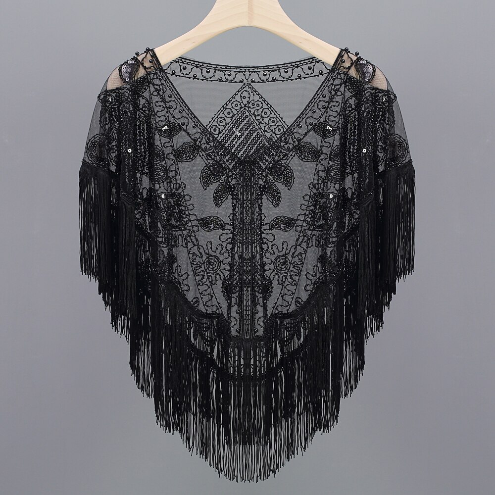 Vrouwen 1920 S Lovertjes Sjaal Met Kwastjes Kralen Parel Fringe Sheer Mesh Wraps Gatsby Flapper Bolero Cape Cover Up: black