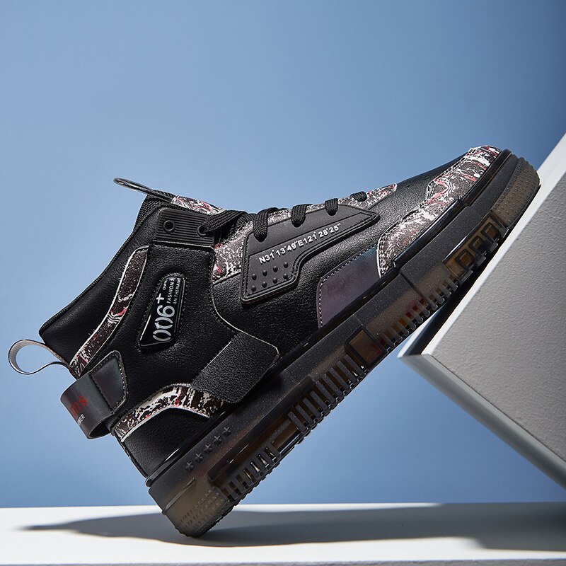 Waterproof Sports Shoes Men High-top Graffiti SkateBoard Shoes Platform Sneakers Man Leather Men&#39;s Walking Shoes Zapatos Hombre: black / 8.5