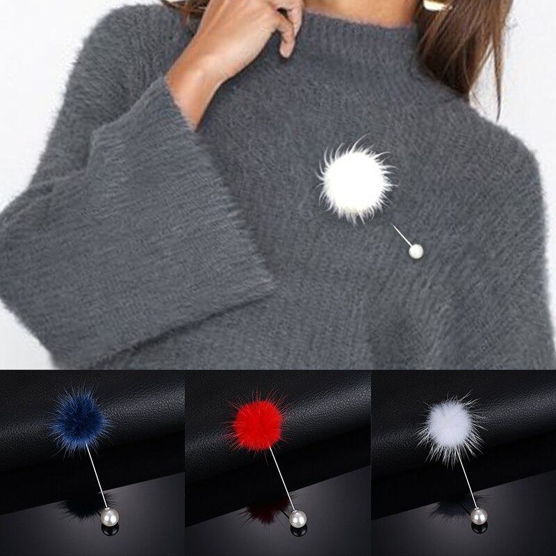Cute Charm Simulated Pearl Brooch Pins For Women Korean Fur Pompom Ball Piercing Lapel Tie Clips Collar Jewelry
