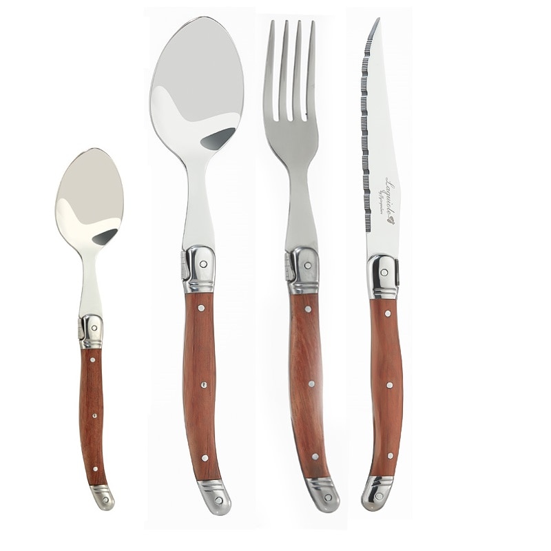 Laguiole-cuchillos para carne, tenedores, cuchara de mesa, Mini cucharadita de café, mango de madera, cubiertos para restaurante, Bar, vajilla de madera, 6 uds.