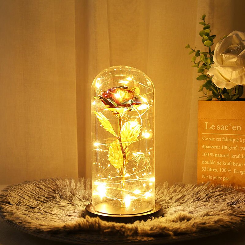 Artificial Eternal Rose LED Light Beauty The Beast Rose Flower In Glass Dome Wooden Base For Decorate Valentine's Day
