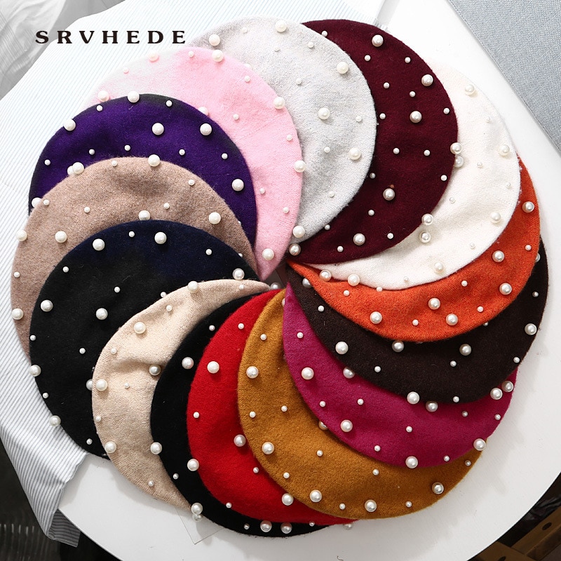 Wool Women Winter berets Luxury pearl rivet Vintage Cashmere Female Warm Vogue beret Hats Girls Flat cap beret for women