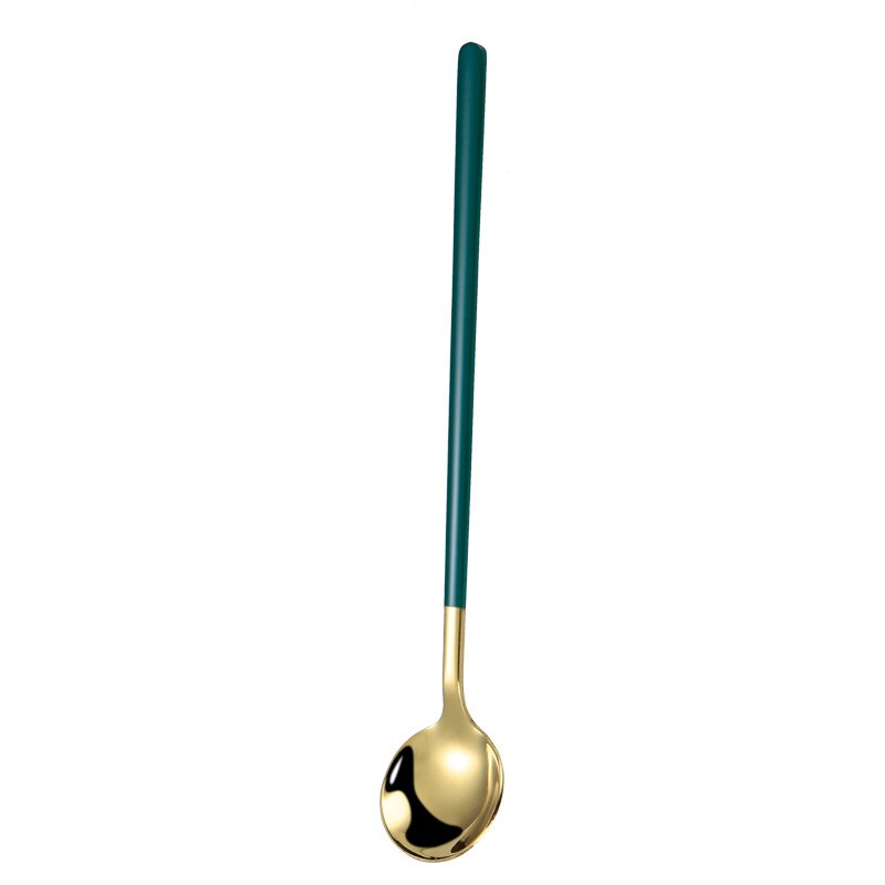 1Pc Stainless Steel Spoon Dinnerware Long Handle Spoon Tea spoon Dessert Coffee Ice Cream Spoons Kitchen Accessories Bar Tools: Green Golden