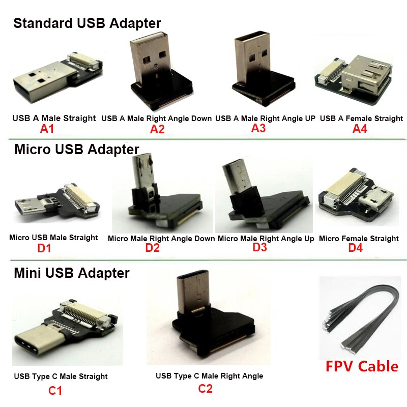 5 to 80 Cm Flat ribbon usb metal cable 90 degree Mini Type C Male to Male Type A Right Angled UP ffc ultra thin cable