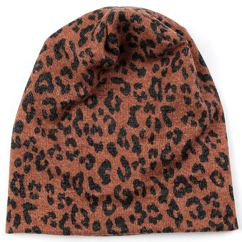 Geebro dam mössa randig kvinnlig mössa skullies casual polyester bomull leopard halsduk keps höst vinter varma mössor: Brun