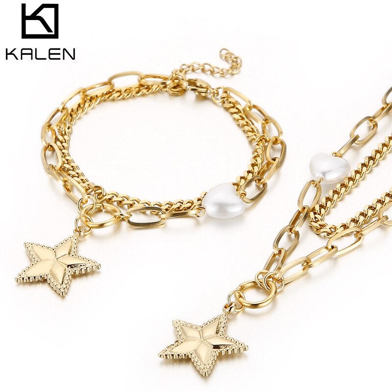 Kalen Dubbele Ketting Parel Ster Meisje Bedelarmband Dubbele Laag Goud Figaro Collier Voor Vrouwen Gouden Cubaanse Ketting