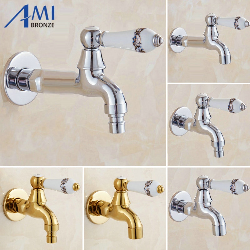 Chrome Polish Copper Faucet Porcelian/Jade Handle Garden Bibcock Washing Machine Faucet Outdoor Faucet Single Cold Tap 1015C