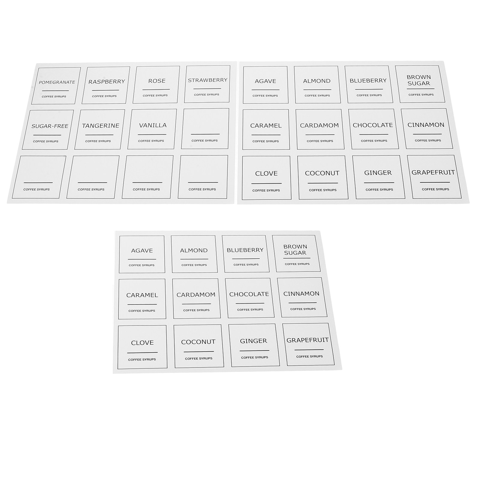3 Blatt Kaffee-Etiketten, wasserfeste Kunststoffaufkleber für Sirupflaschen, transparente Klebeetiketten für Lebensmittelbehälter, Küchenorganisation