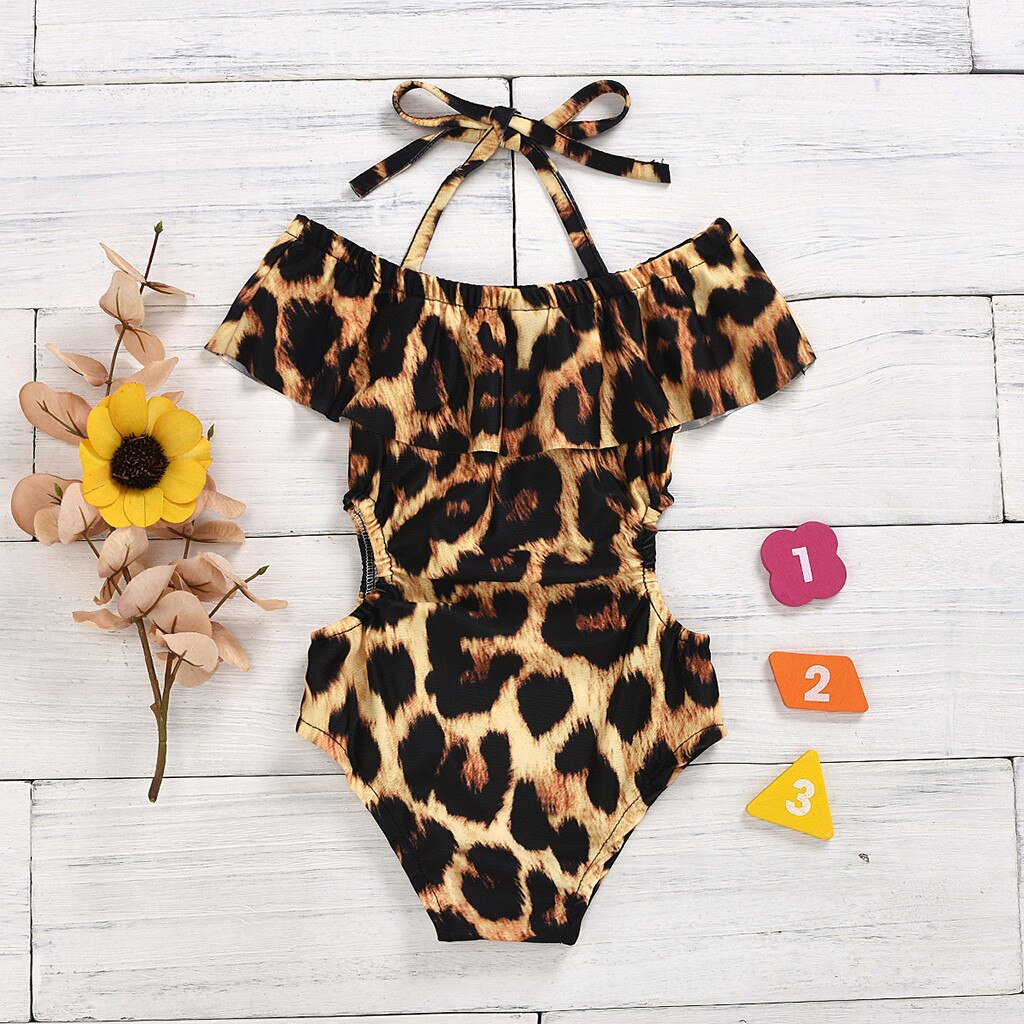 Leopard Print One Piece Swimsuit Kids Girl Cute Baby Girl Summer Halter Swimming Suit Bodysuit Chlidren Bathing Suit Swim Wear