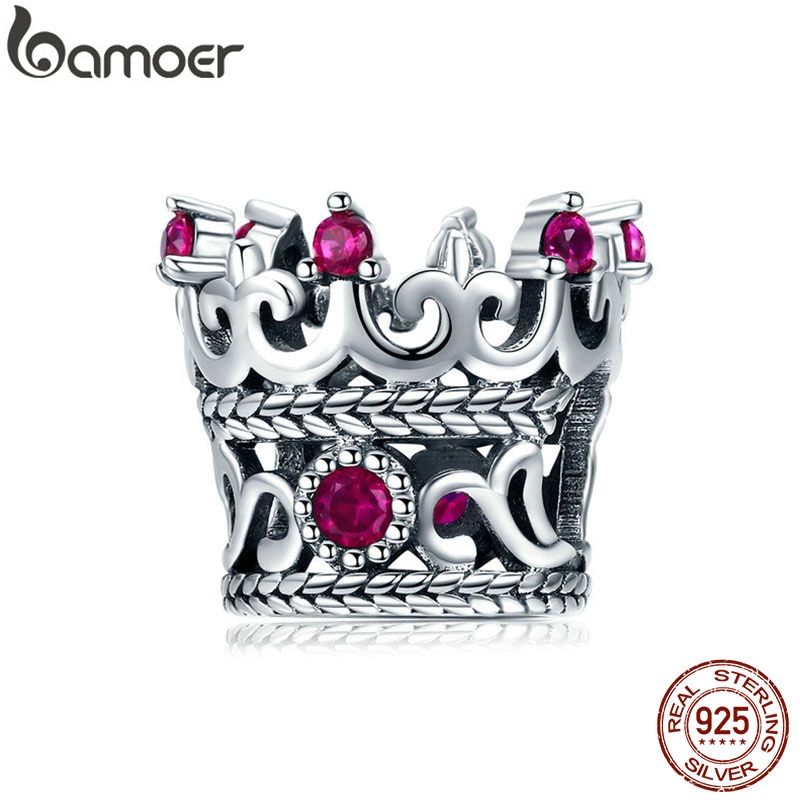 Bamoer na moda 925 prata esterlina rainha coroa rosa cz cristal charme grânulos ajuste pulseiras femininas pulseira diy jóias fazendo scc776