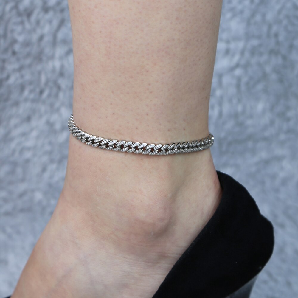 6.5mm width iced out bling cubic zirconia Cuban Chain anklet for women girls hiphop summer beach thin foot chain anklet 9" 10"