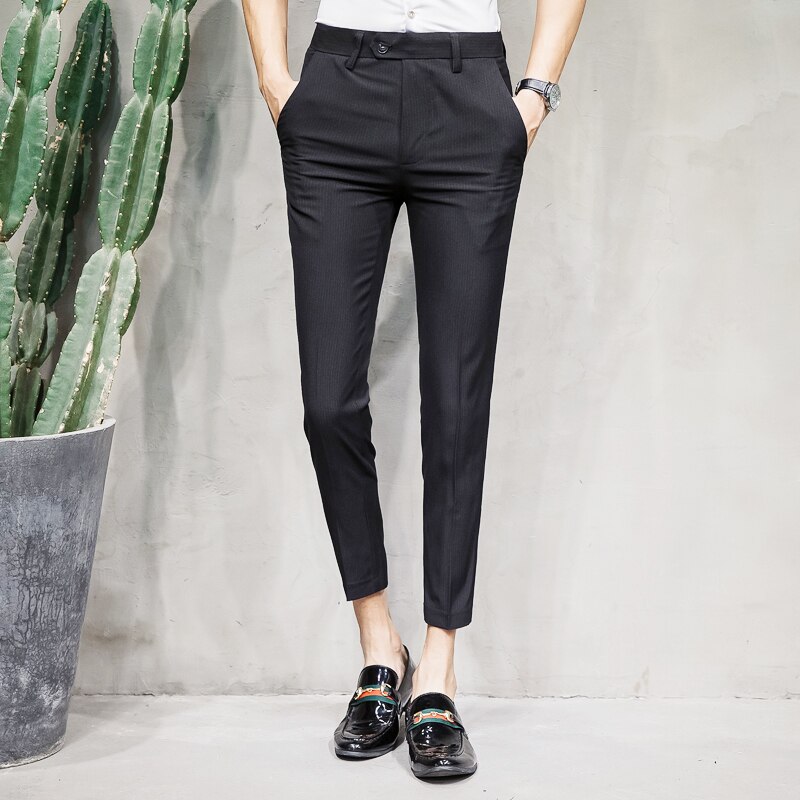 Britse herenstijl, slim fit, zwarte grijze broek, heren formele pantalon, lana streep, heren zakelijke broek, elegante