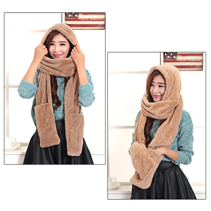 3 in 1 Women Warm Hood Scarf Snood Pocket Gloves Hat Comfortable Warm for Winter Outdoor Sets-B5: Dark Khaki