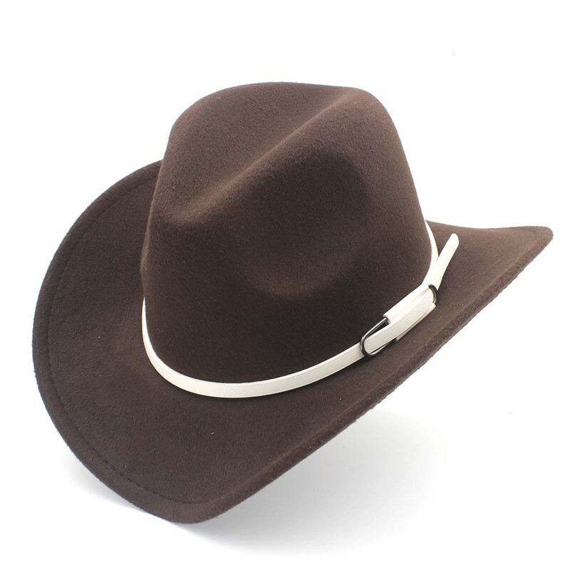 retro kvinner menn ull vestlig cowboyhatt rull-opp avlet kant filt cowgirl jazz gudfar sombrero lokk med hvitt belte størrelse 56-58cm: Kaffe