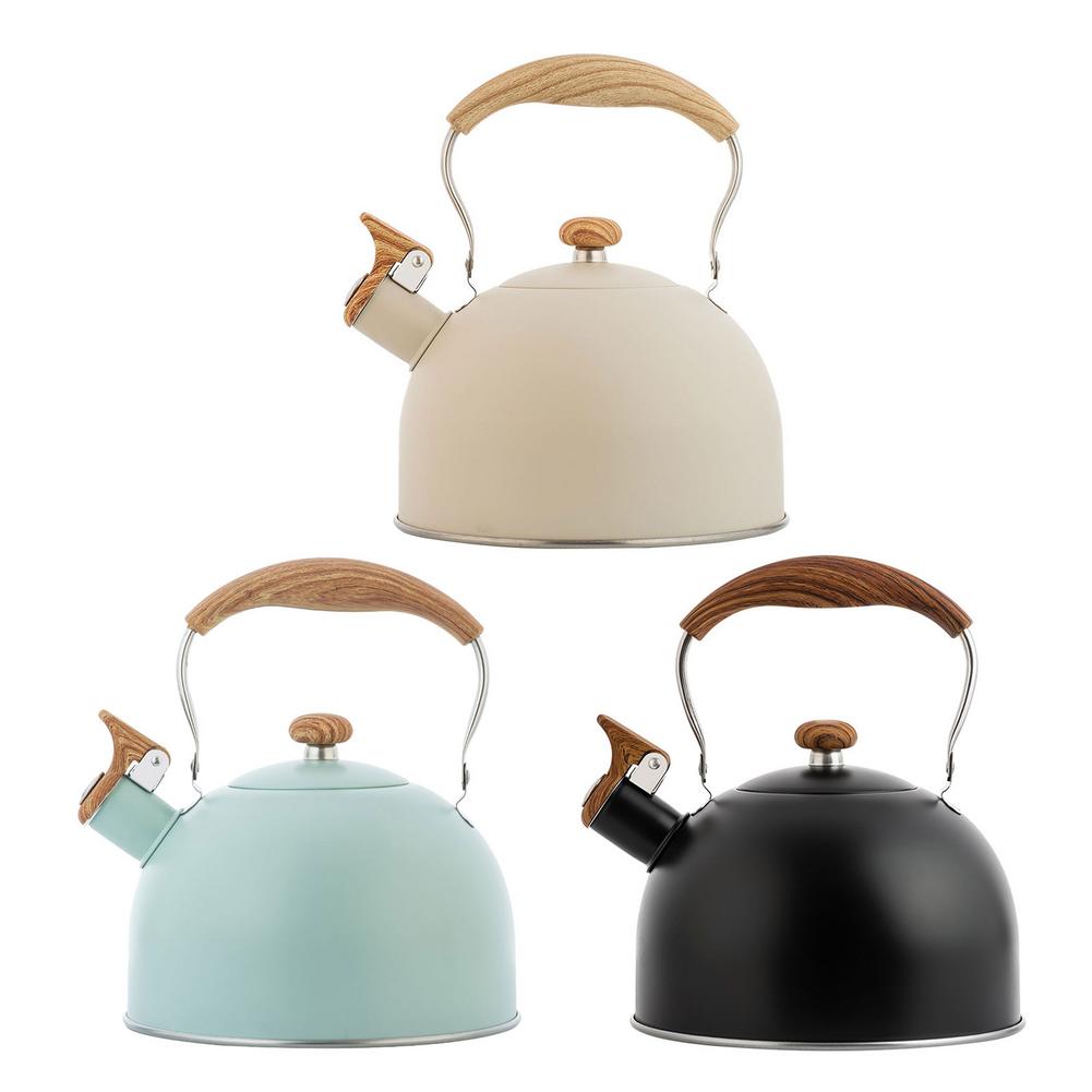 Bouilloire à thé en acier inoxydable 2,5 l, théière à poignée en bois, chaudière à eau classique pour toutes les cuisinières, vert menthe, Beige