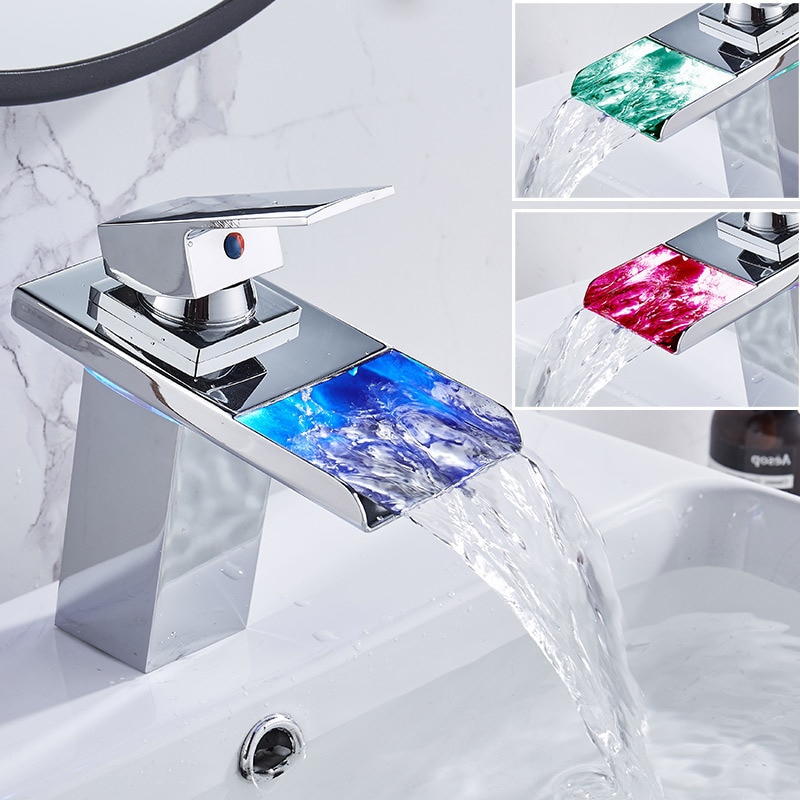 Håndvask temperaturføler ledet vandhane messing vandfald temperatur farver skifte badeværelse mixer vandhane monteret på håndvaskhaner
