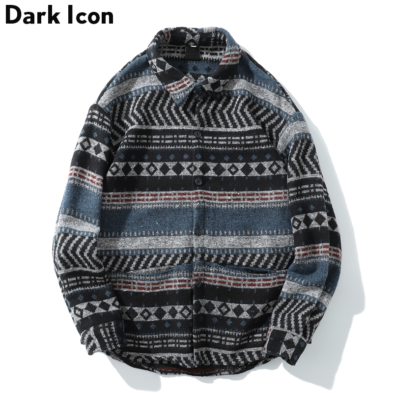 Mörk ikon geometrisk ylleskjorta män långärmad vårstamm herrskjorta streetwear kläder