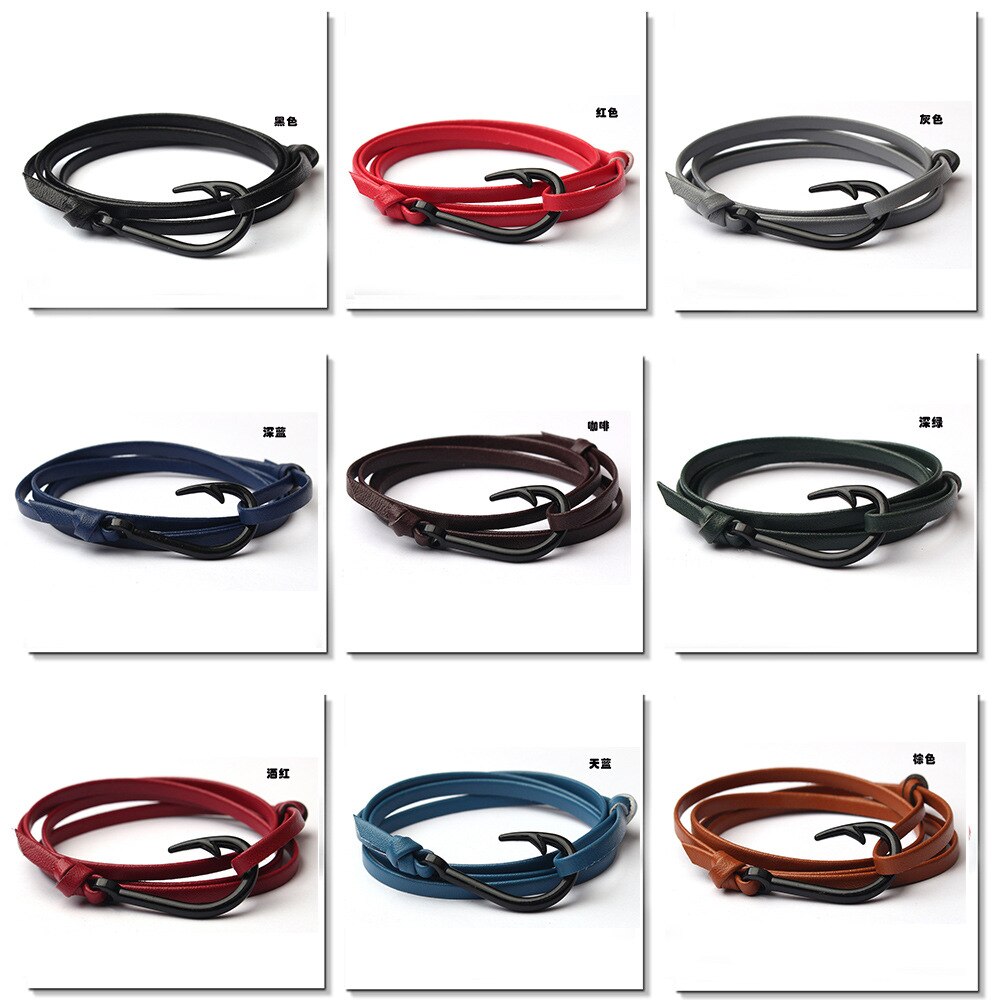 Armbänder Ich bin europäischen und amerikanischen stil aus legiertem stahl, gewebtem lederband und hologramm, coole fischhaken-armbänder für damen und herren