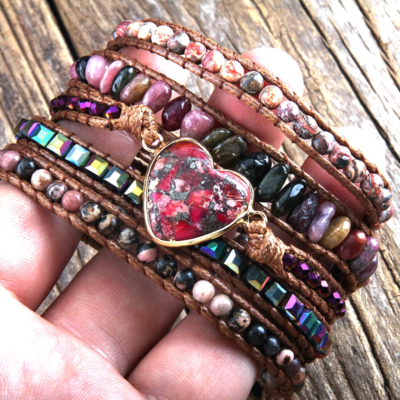 RH Bohemian Jewelry Women Vegan Boho Bracelet Mixed Natural Stones Heart Charm 5 Strands Wrap Bracelets