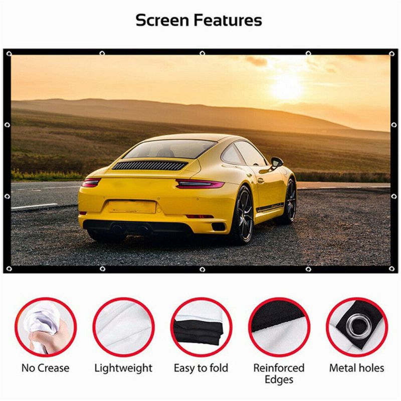 16:9 No Crease Foldable Projection Screen Portable White Projector Curtain 60/72/84/100 Inch for Home Theater Outdoor/Indoor Use