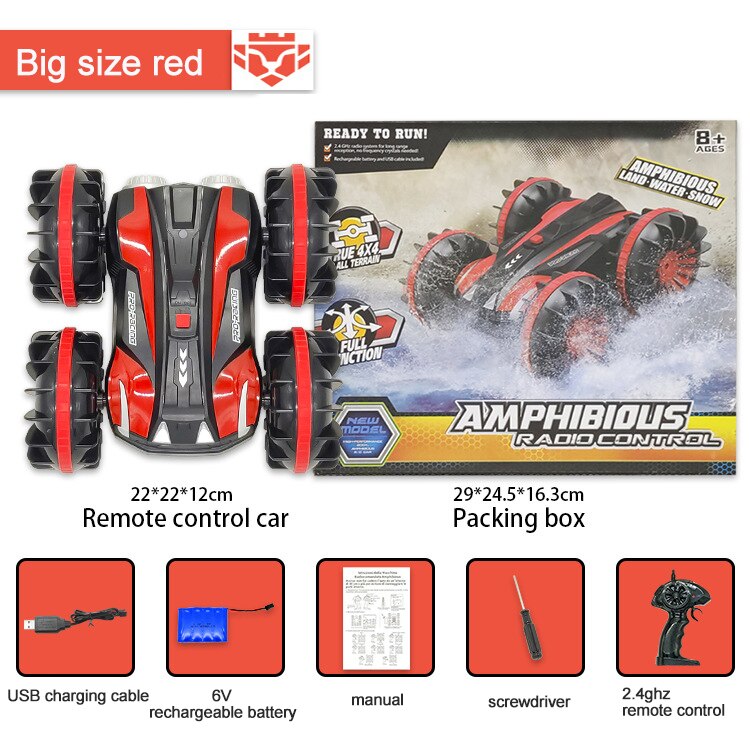 360 Draaien Rc Auto Afstandsbediening Auto 2.4Ghz Waterdichte Rijden Op Water En Land Amfibische Elektrische Rc Auto Speelgoed Voor Kids: Red Big size