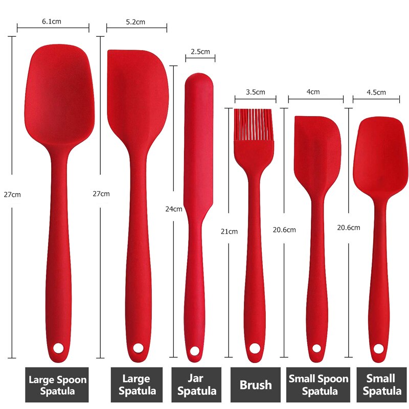 6Pcs/set Silicone Spatula Mixing Sets Pastry Scraper Non Stick Butter Spreader Jar Blender Cooking Spatula Spoon Kitchen Baking: 6pcs Red
