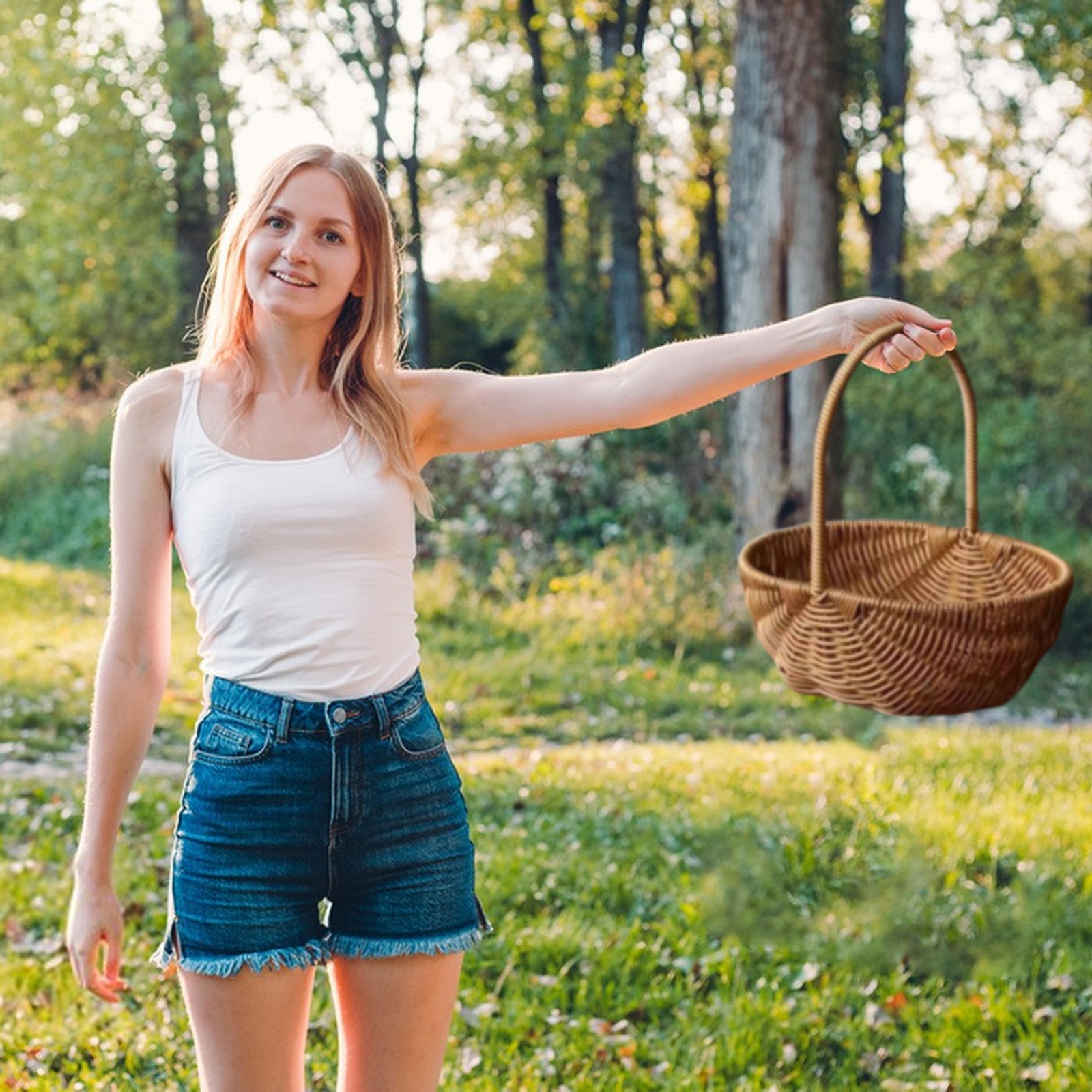 Håndlaget rottingkurv i piletre, flerbruks oppbevaringsbeholder til hjemmet med håndtak, blomsterkurv, piknikbeholder