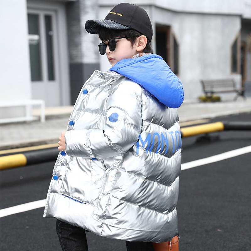 Kids Winter Long Style Jacket Coat For Boys Children Hooded Outerwear Warm Clothes Age 4 5 6 7 8 9 10 11 12 13 Years Old: Silver / 11