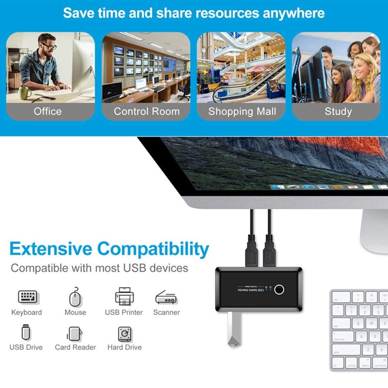 USB Switch Selector 4 Port Peripheral Switcher Box for Keyboard with One Button Swapping and 2 Pack USB3.0 Male Cable