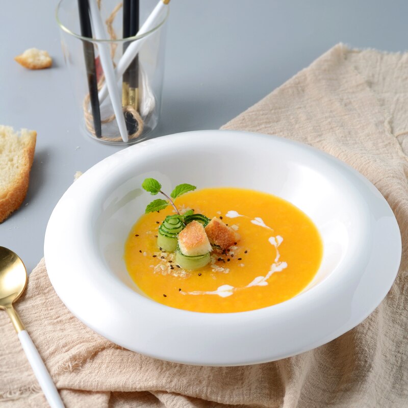 Moda ocidental casa puro branco cerâmica circular salada de sopa sobremesa moda frutas tigela salada pratos cozinha utensílios de mesa