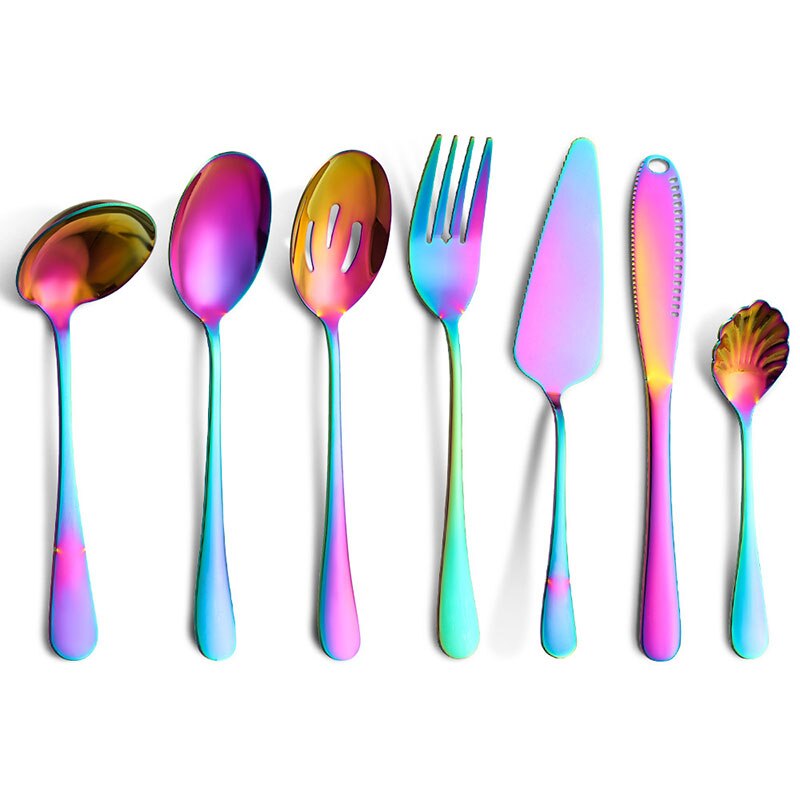 Couverts colorés en acier inoxydable, 6-24 pièces, couteau, fourchette, cuillère, service de table, vaisselle en or, service de table, ustensiles de cuisine: Multicolor-7PCS